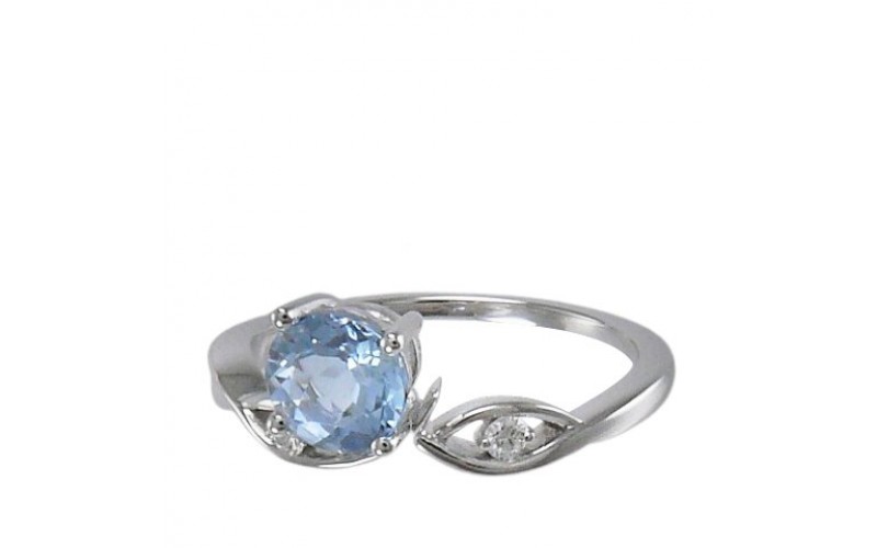 14K White Gold Aquamarine With Diamond Ring