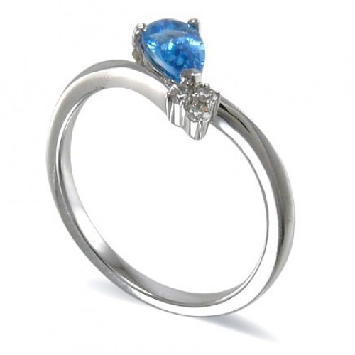 14K White Gold Blue Topaz With Diamond Ring