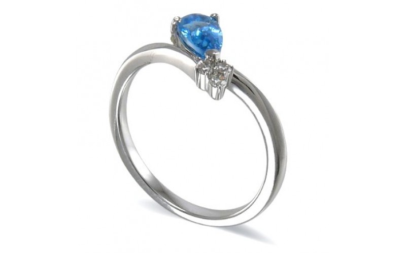 14K White Gold Blue Topaz With Diamond Ring