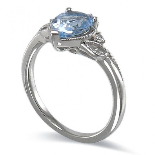 14K White Gold Aquamarine With Diamond Ring