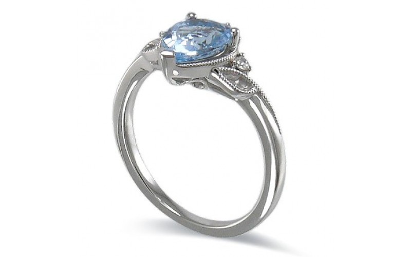 14K White Gold Aquamarine With Diamond Ring