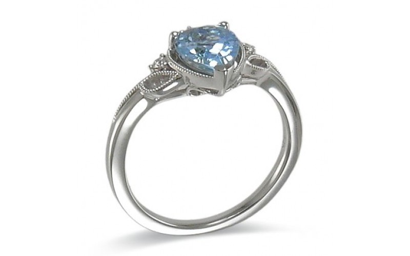 14K White Gold Aquamarine With Diamond Ring