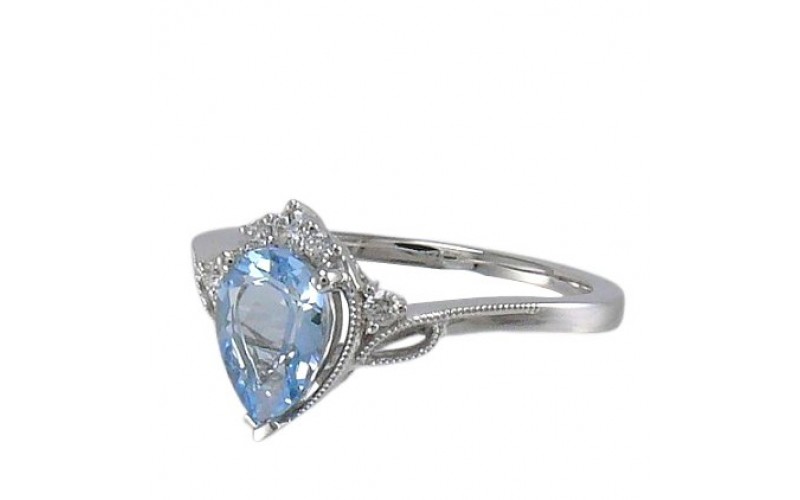 14K White Gold Aquamarine With Diamond Ring