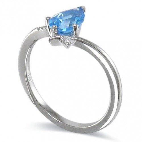 14K White Gold Blue Topaz With Diamond Ring