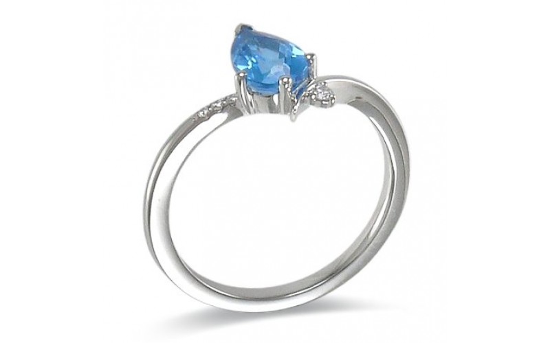 14K White Gold Blue Topaz With Diamond Ring