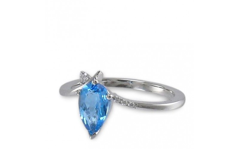 14K White Gold Blue Topaz With Diamond Ring