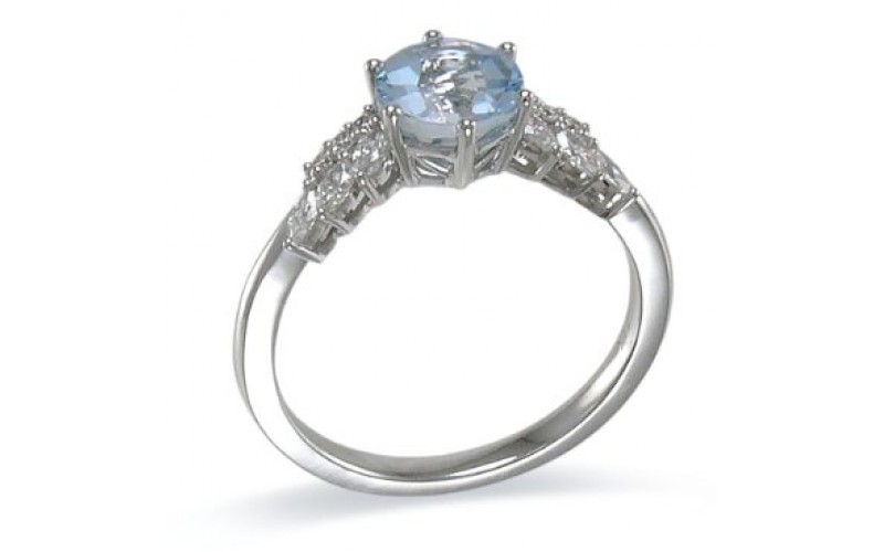 14K White Gold Aquamarine With Diamond Ring