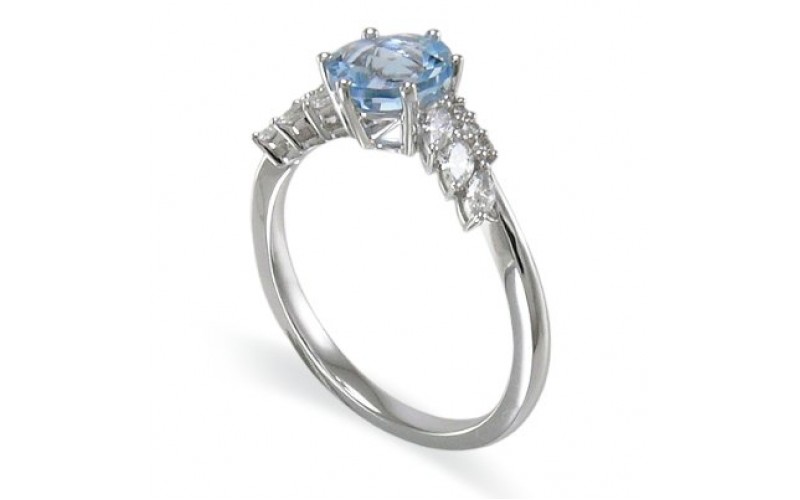 14K White Gold Aquamarine With Diamond Ring